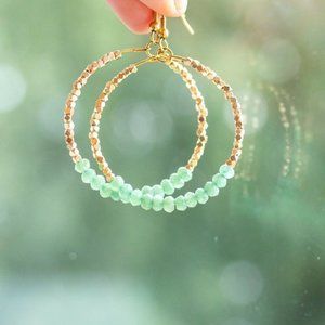 Sea Green Aventurine SPARKLY Gold Beaded Earrings Gemstone Dangle Hoop beaded